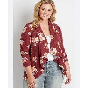E006 Maurices Red Floral Asymmetrical Cardigan